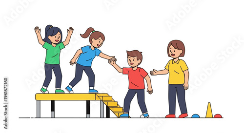 Young children engaging in a cooperative game, receiving support and encouragement from adults during a fun developmental exercise