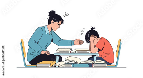 Overwhelmed student struggling with a pile of homework and academic pressure, receiving concerned and frustrated assistance from a teacher or parent, illustrating childhood learning difficulties