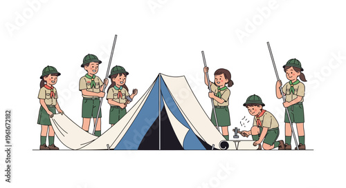 Young scouts enthusiastically collaborate to pitch a tent at an outdoor camp, showcasing teamwork, skill-building, and the joy of nature's adventure
