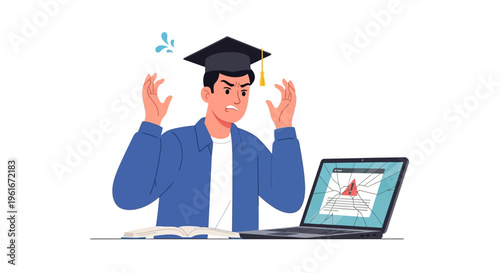 Frustrated Student Experiencing Technical Difficulties with Online Learning on a Broken Laptop