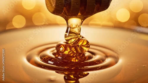 Slow dripping honey forming a mesmerizing spiral under warm bokeh lights