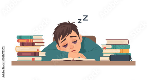 Illustration of a tired student asleep at a desk piled high with books, representing burnout and academic exhaustion