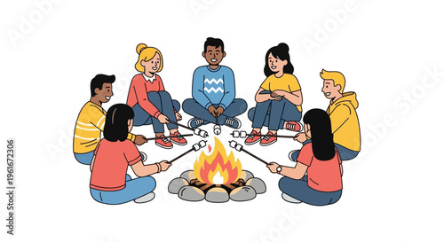A diverse group of young friends gathered around a campfire, toasting marshmallows and enjoying each other's company during a camping trip
