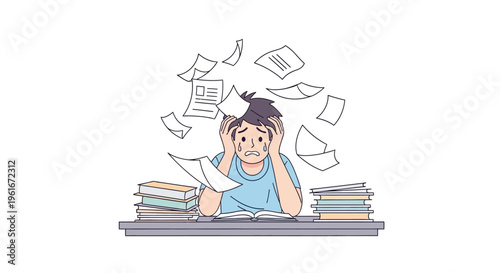 Stressed person surrounded by a flurry of papers and books, depicting the immense pressure, anxiety, and overwhelm faced when managing a heavy workload and tight deadlines, symbolizing mental strain