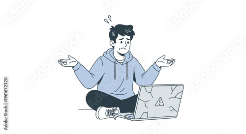 A young person expresses extreme frustration and helplessness over a malfunctioning, cracked laptop, symbolizing common technology failures and the stress they cause in daily life