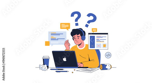 Confused programmer struggling with a complex coding problem, seeking a solution with a puzzled expression and surrounded by technological elements