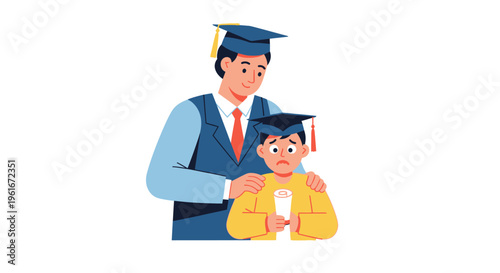Adult comforting a sad young student wearing a graduation cap holding a diploma, symbolizing emotional support during academic transition