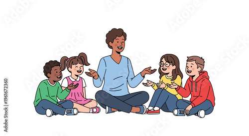 Diverse young children engaged in an interactive discussion with an adult educator, fostering communication and social learning in a supportive group setting
