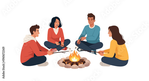 Friends Gathered Around a Campfire Sharing Stories and Roasting Marshmallows on a Camping Trip