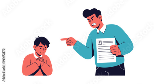 Illustration of an angry adult scolding a sad and ashamed child, highlighting themes of punishment, strict discipline, and emotional conflict