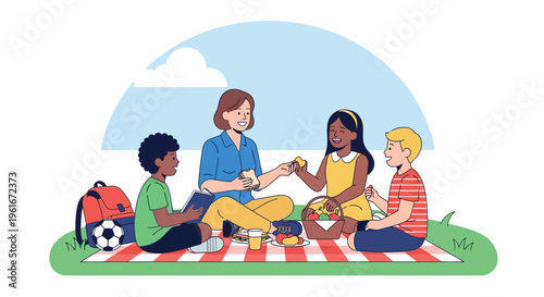 Joyful outdoor picnic scene with a diverse group of children and an adult, sharing food and fostering friendship and learning in a happy environment