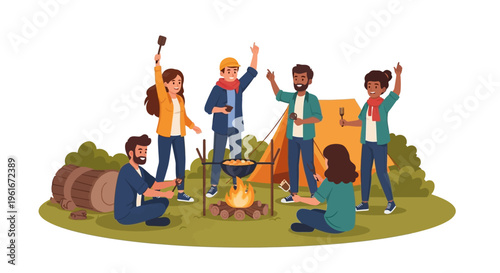 Friends enjoying a delightful camping trip around a bonfire with food and tents