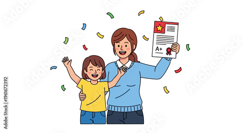 Celebrating achievement and success with a parent and child holding a report card with an A+ grade surrounded by confetti