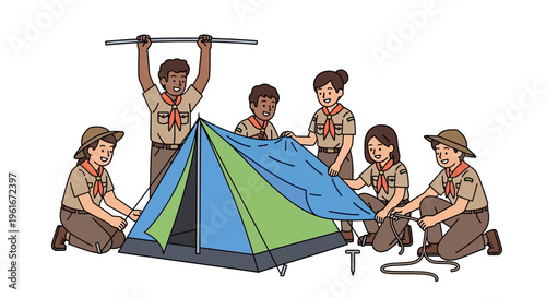 Energetic group of young scouts collaborates to skillfully set up a vibrant camping tent in an outdoor setting, showcasing teamwork, practical learning, and the joy of a shared adventure in nature