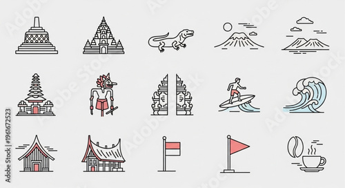 Collection of Indonesian cultural icons and symbols in line art style.