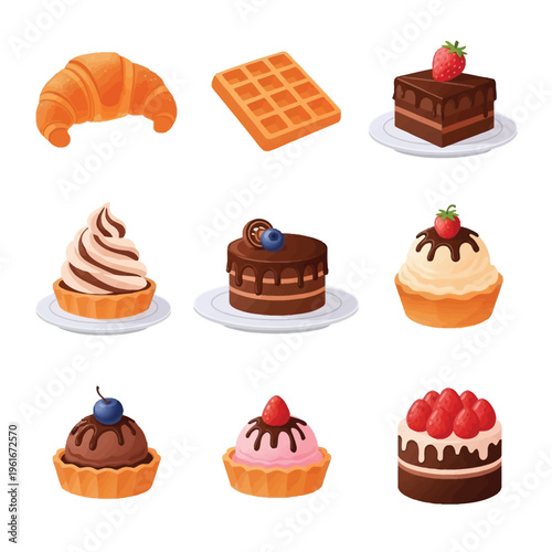 An appetizing collection of various illustrated sweet desserts including cakes, tarts, croissants, and waffles.