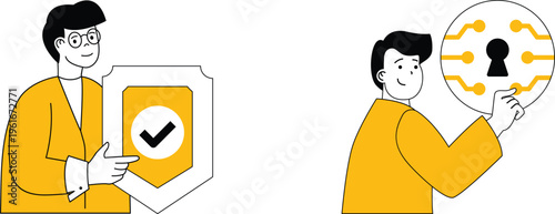 Two individuals representing security verification and access control through visual symbols and gestures