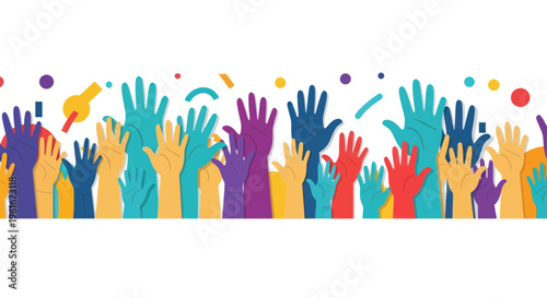 Colorful Hands Raised in Celebration with Confetti