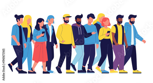 Diverse group of people walking together, flat design illustration