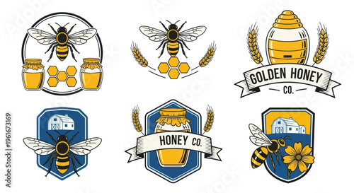 Honey Bee Emblem Collection: Jars, Hives, Honeycomb, Wheat, Farmhouse Icons