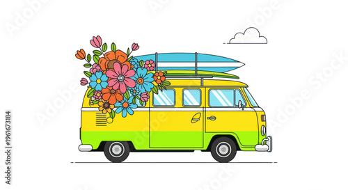 Retro Campervan with Surfboard and Flowers, Summer Travel Adventure Illustration