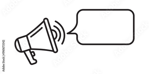 Professional Line Art Megaphone Bullhorn Icon with Empty Speech Bubble for Marketing, Business Announcements, News Alerts, Public Relations, and Promotion Messaging.
