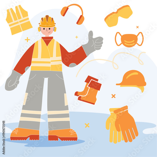 Worker wearing personal protective equipment flat character illustration