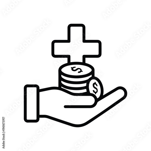 A hand holding currency coins under a medical cross symbol, representing health insurance coverage, medical costs, healthcare savings, and funding.