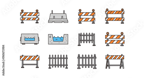 Construction Barricades and Fencing Icons Set: Safety, Traffic Control, Road Work Symbols