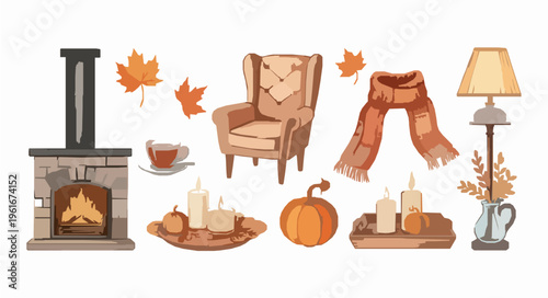 Warm autumn home watercolor illustration set with cozy interior elements for seasonal branding and greeting cards isolated on white