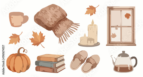 Cozy autumn watercolor clipart set with warm home elements like candles books pumpkin and tea isolated on white background