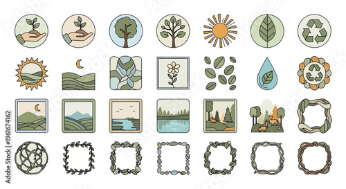Eco Icons Set: Nature, Recycling, Growth, Landscape, Sun, Moon, Earth, Frames
