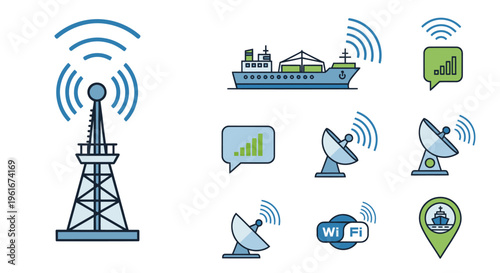 Wireless Communication Technology Icons: Tower, Ship, Satellite, Wi-Fi, Signal