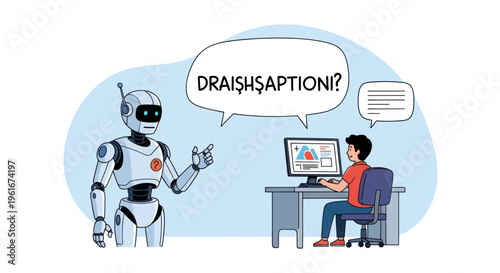 Robot teaching human programming on computer, artificial intelligence concept