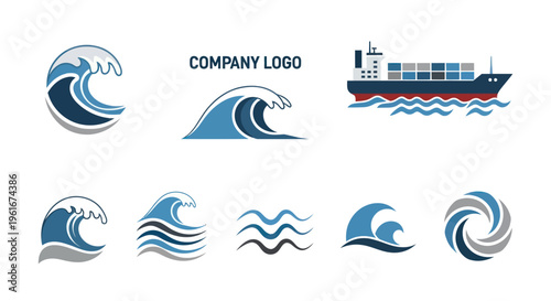 Ocean Waves and Cargo Ship Icons: Water, Shipping, Logistics, and Maritime Concepts