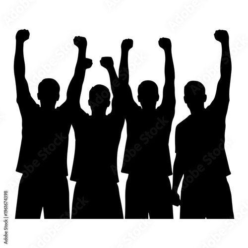 Silhouette of four people with raised fists in the air.