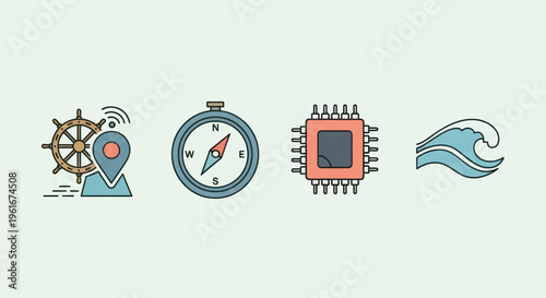 Navigation Technology: Ship Wheel, GPS, Compass, Microchip, Wave Icons