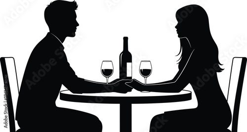 Black vector silhouette of a romantic young couple holding hands and sitting at a table during an intimate dinner date.