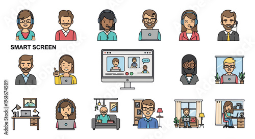 Diverse People Video Calling, Online Meetings, Remote Work, Smart Screen Technology