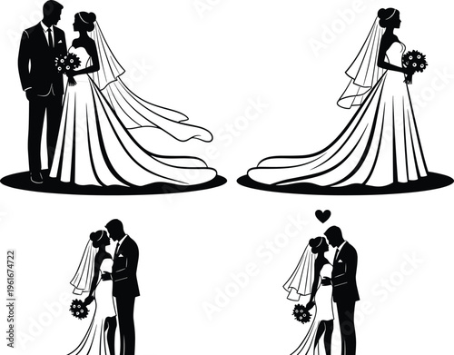 Elegant black and white vector illustration of a romantic young couple in profile touching foreheads in a tender intimate moment.