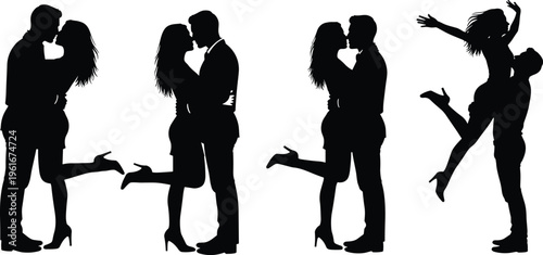 Set of black vector silhouettes featuring romantic couples embracing and kissing with a playful leg lift pose for dating designs.