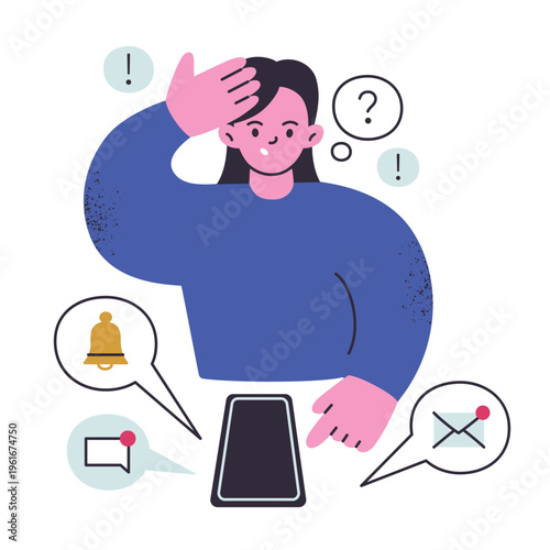 Flat cartoon girl overwhelmed by phone notifications, holding head in stress and anxiety. Message and call alerts flooding smartphone, notification anxiety and digital overload vector illustration