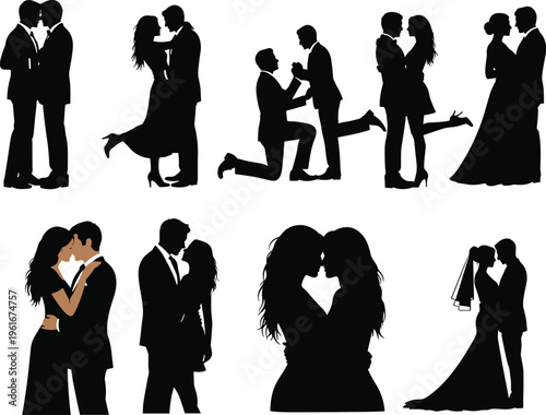 Vector silhouettes of romantic couples dancing proposing walking and embracing in various poses for wedding invitations and Valentine's Day designs.