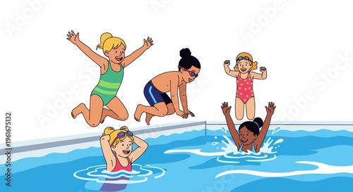 Children jumping and splashing in swimming pool, summer fun, diverse group