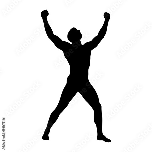 Silhouette of a triumphant man with arms raised in celebration.