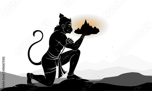 Devotional silhouette of Lord Hanuman kneeling and offering glowing Sanjeevani mountain, powerful black mythological illustration for Hindu spiritual and religious themes