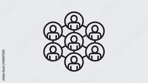 A simple black and white illustration of connected people icons in a network formation on a plain background