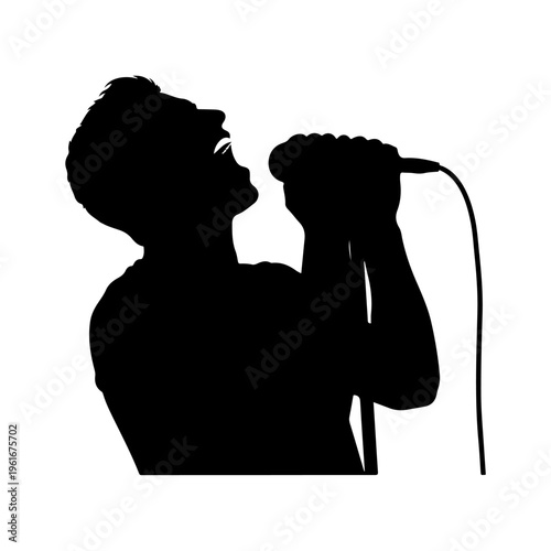 Silhouette of a singer performing passionately into a microphone.