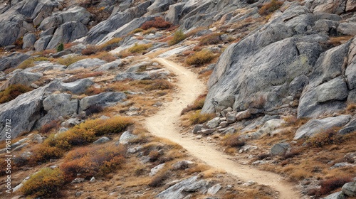 Scenic Pathway Through Rocky Terrain in Autumn Season Surrounded by Nature's Beauty and Vibrant Colors of Fall Foliage