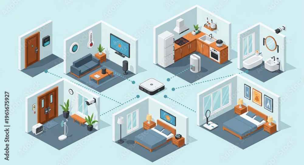 Fototapeta premium Isometric Smart Home Automation System with Connected Rooms.